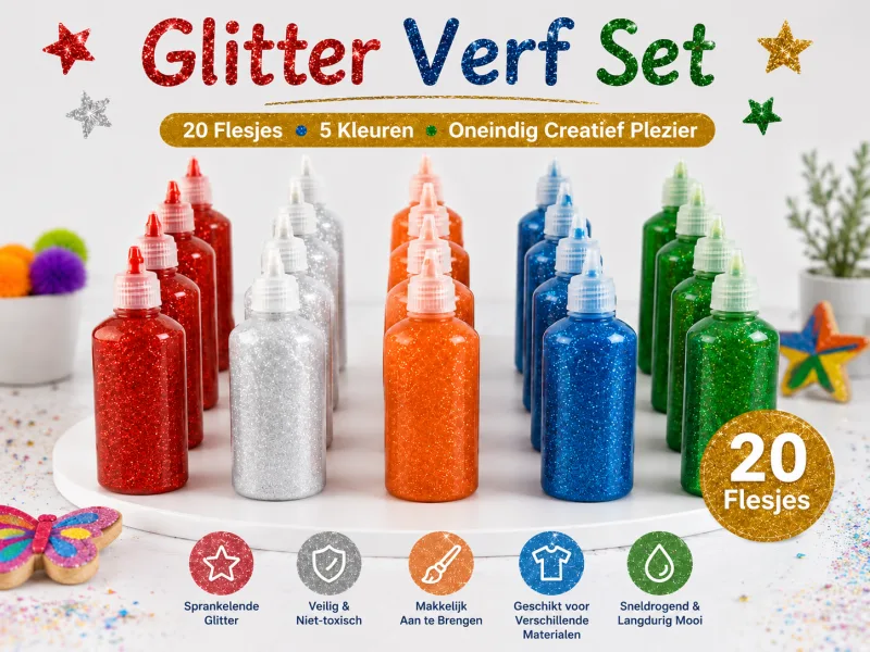 Glitterverf voor Kinderen 20x – 5 Kleuren – 25ml – Knutselverf Hobbyverf